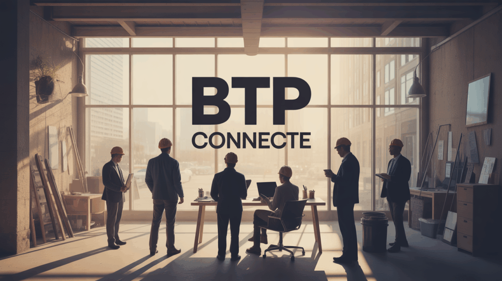 Scène BTP connecté silhouettes pros et outils urbains