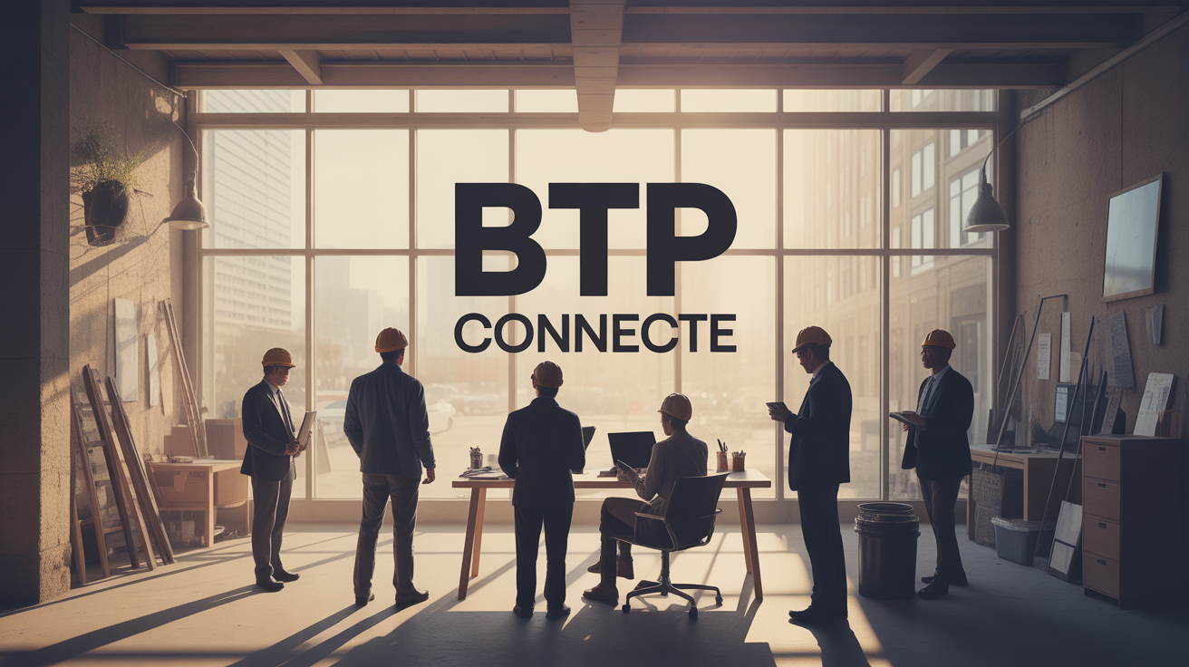 Scène BTP connecté silhouettes pros et outils urbains