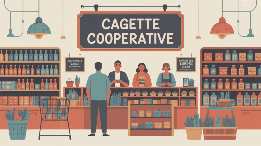 Illustration magasin coopératif cagette cooperative ambiance conviviale