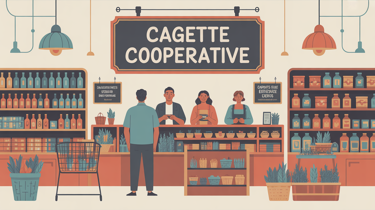 Illustration magasin coopératif cagette cooperative ambiance conviviale