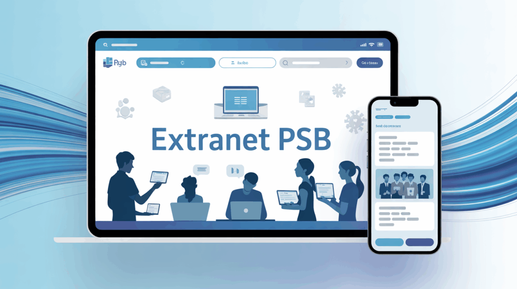 Portail Extranet PSB sur ecran et smartphone, silhouettes etudiants