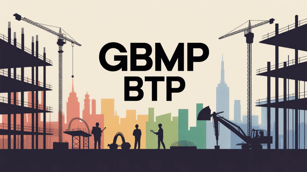 Illustration chantier moderne GBMP BTP avec travailleurs