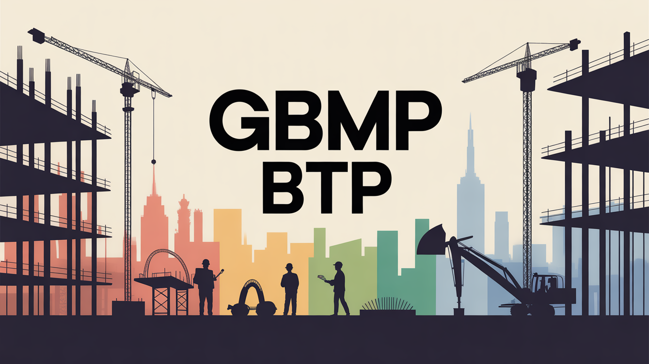 Illustration chantier moderne GBMP BTP avec travailleurs