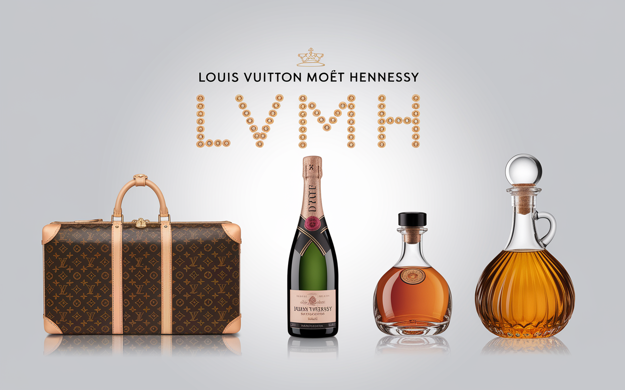 Icônes valise, champagne et spiritueux pour LVMH, industrie du luxe