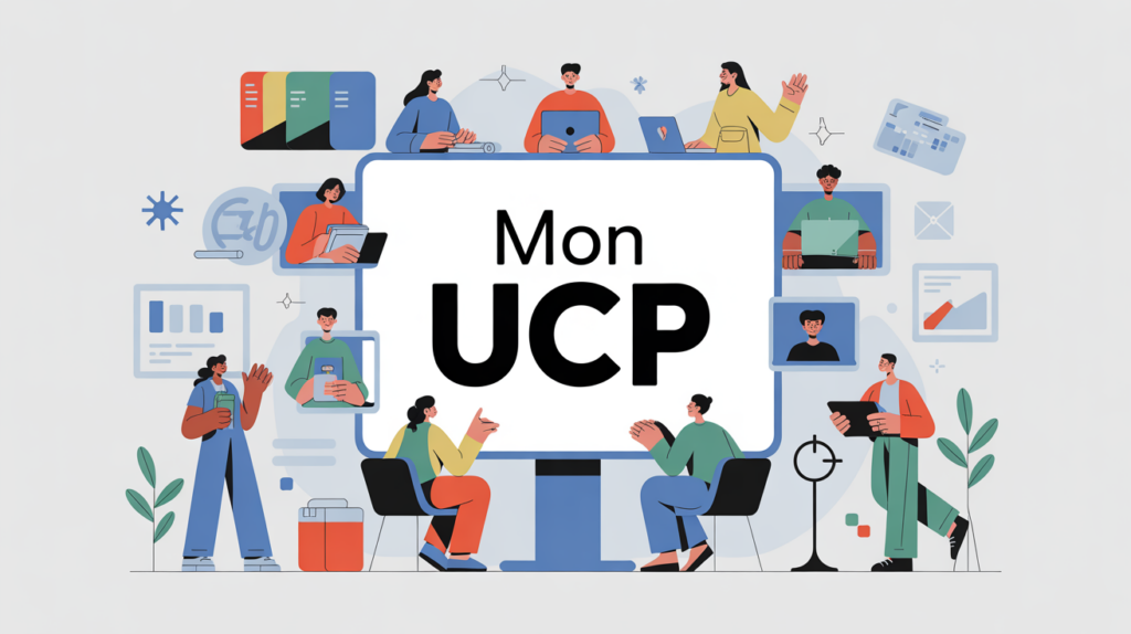 Illustration Mon UCP, étudiants autour d’un écran, ambiance universitaire