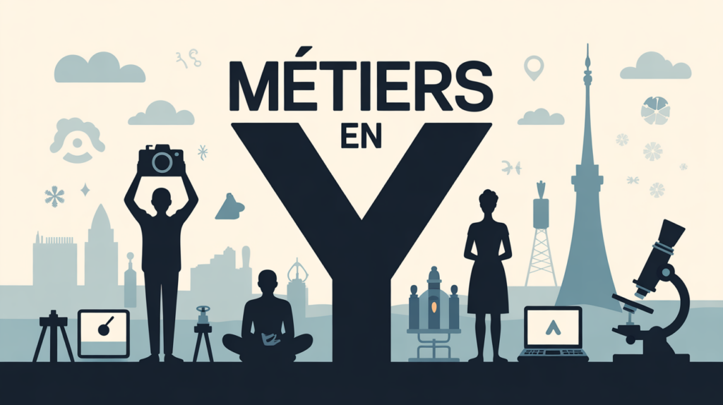 Silhouettes métiers en Y avec objets symboliques sur fond de Lyon
