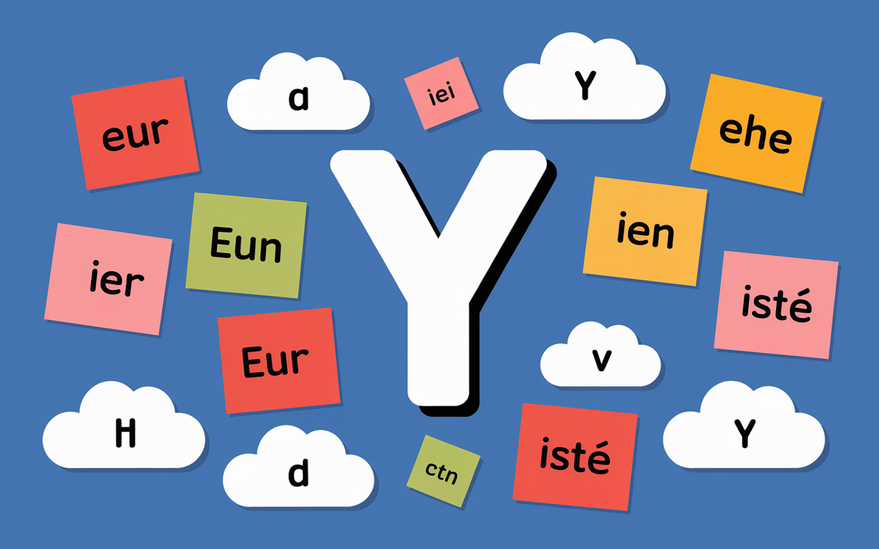 Lettre Y et suffixes métier sur post-its colorés