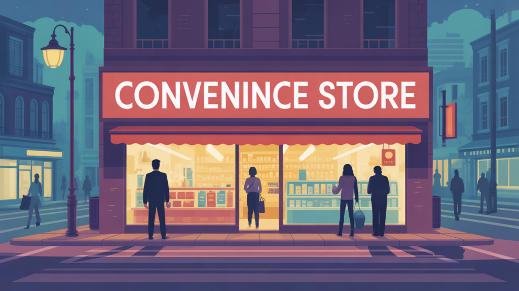 Rue avec convenience store vitrine lumiere