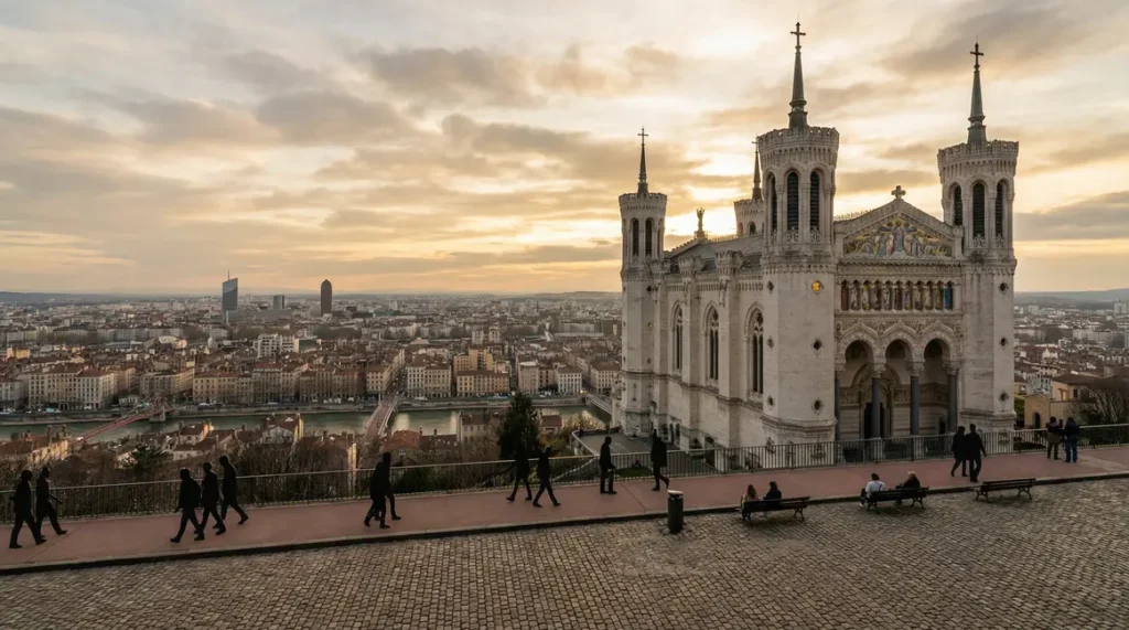 Vue aérienne Fourvière Basilique panorama Lyon
