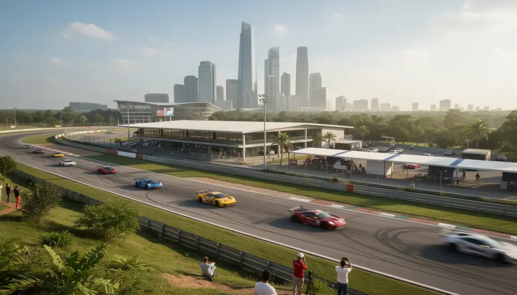 Panorama circuit auto Lyon voitures sport et bâtiments événementiels