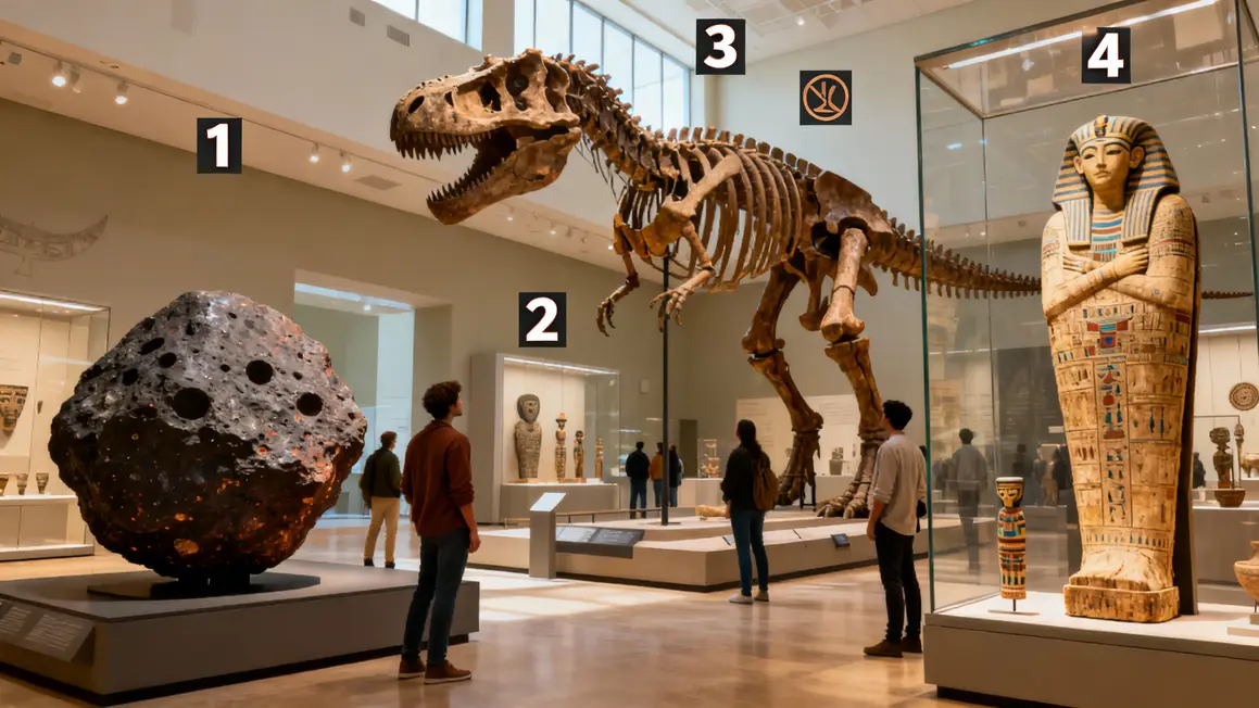 Salle collections musee des Confluences Lyon meteorite dinosaure momie
