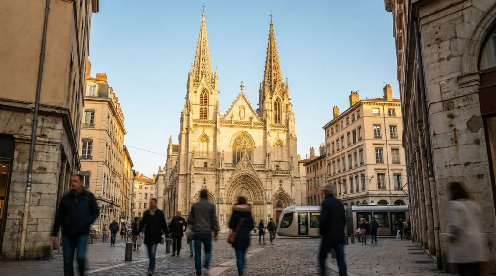 Vue urbaine de l'eglise Saint-Nizier Lyon deux fleches gothiques