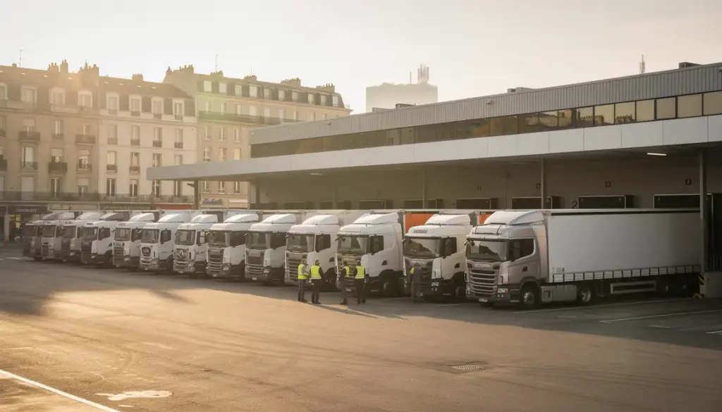 flotte de camions industriels devant centre logistique lyon