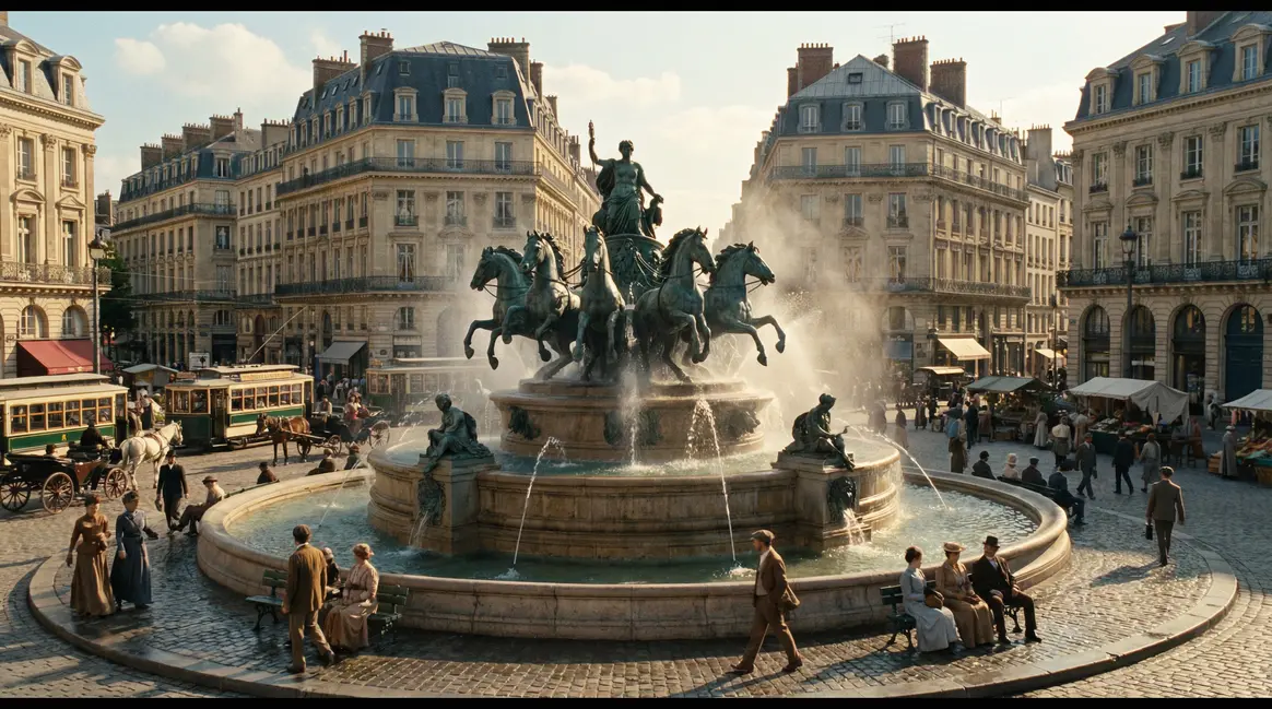 fontaine Bartholdi monumentale Lyon jets d'eau char chevaux
