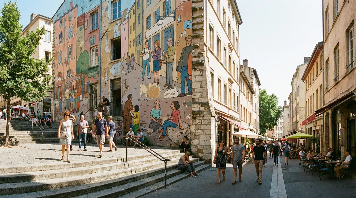 Grande fresque urbaine colorée à Lyon Croix-Rousse