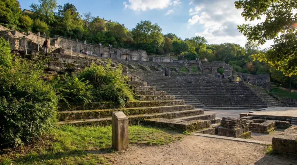 Vue theatre antique Lyon gradins sur colline vegetation