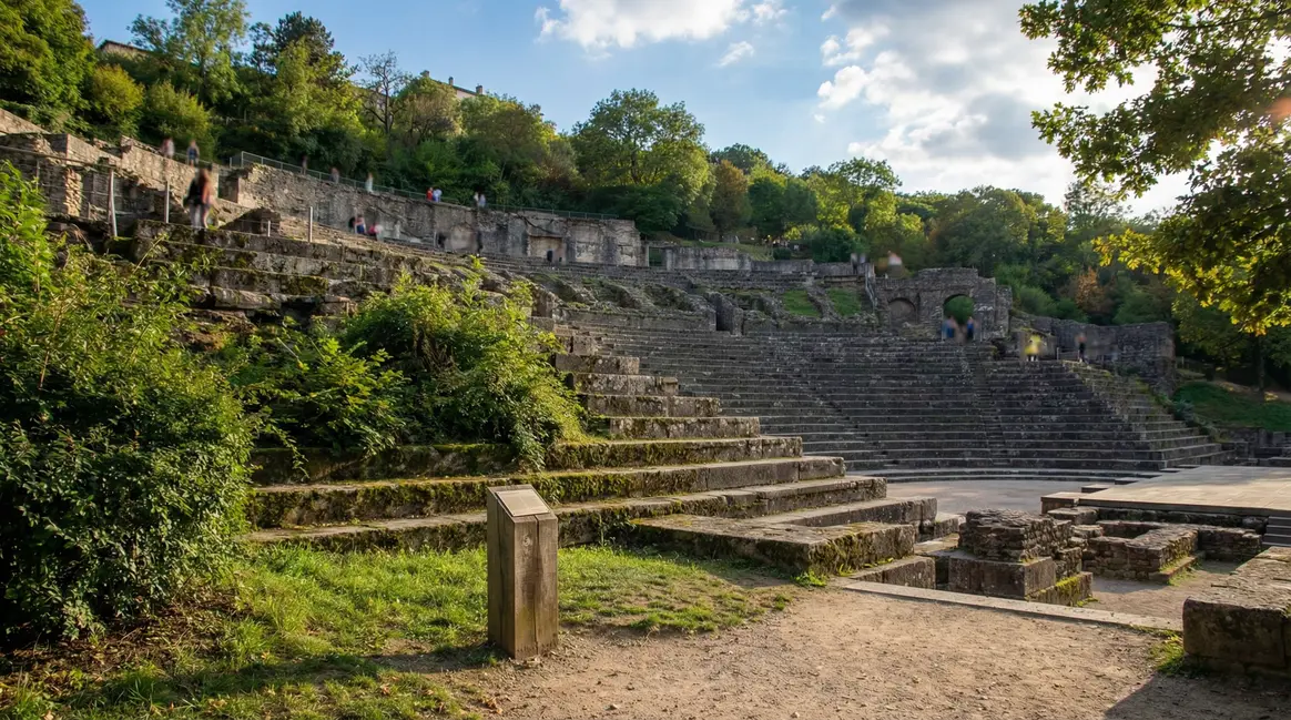 Vue theatre antique Lyon gradins sur colline vegetation