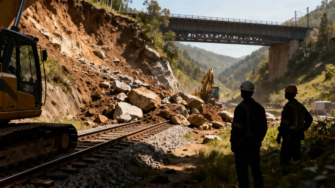 Chantier après éboulement sur rails Lyon Saint Etienne