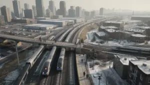 Voie ferrée moderne entre Lyon et Saint Etienne, trafic fluide hiver