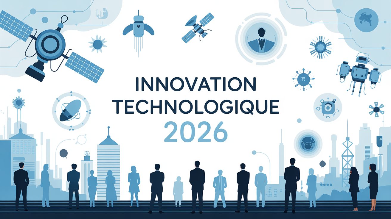 Fresque innovation technologique 2026 bleu blanc silhouettes dirigeants
