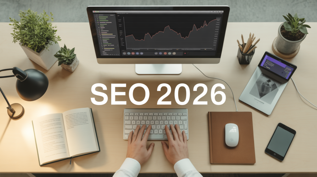 bureau moderne avec ecran seo guide 2026