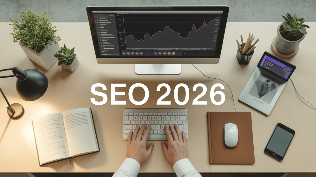 bureau moderne avec ecran seo guide 2026