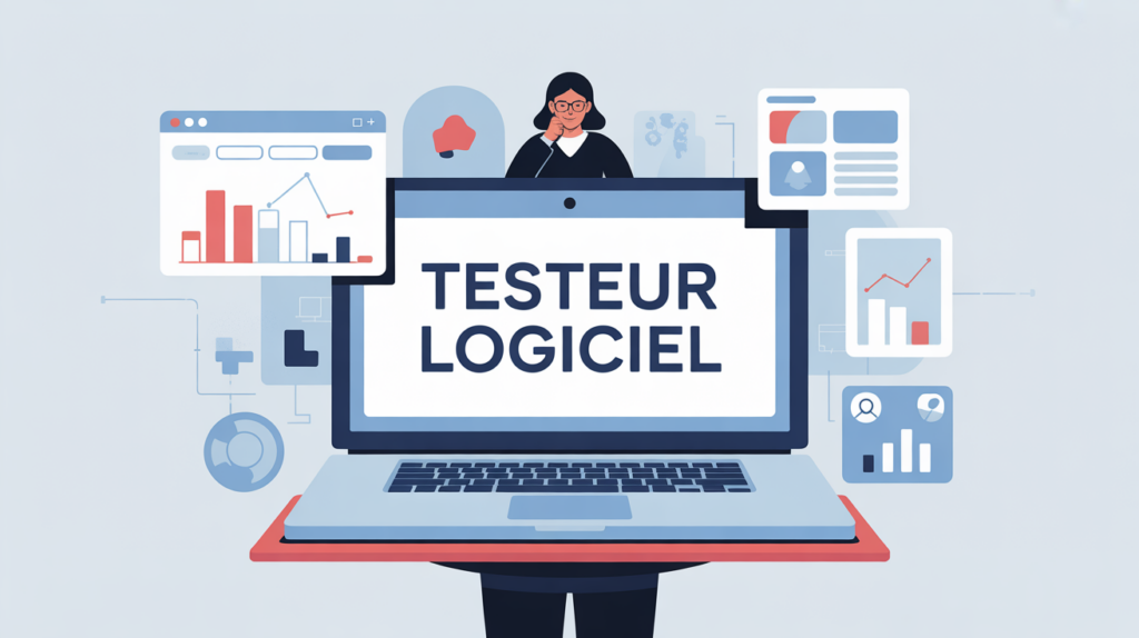 illustration testeur logiciel avec ordinateur et icones