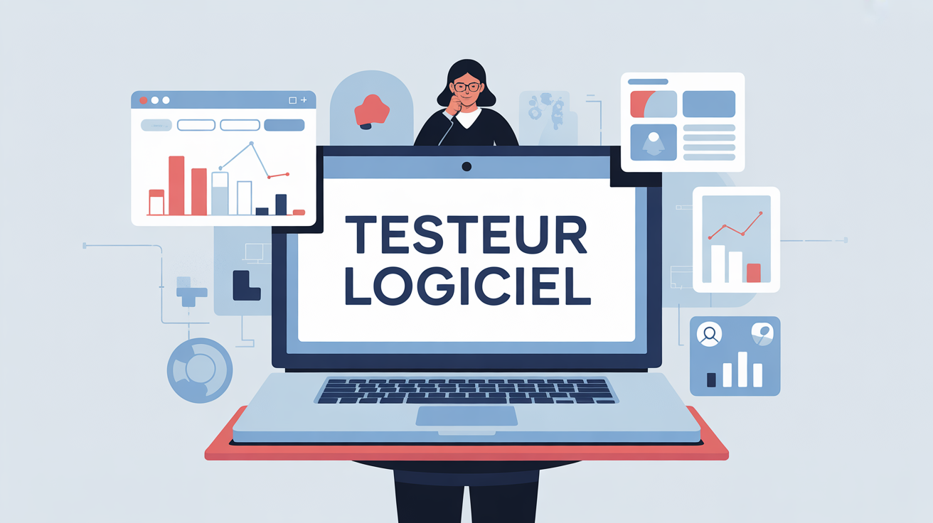 illustration testeur logiciel avec ordinateur et icones