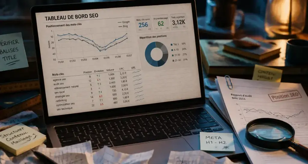 Analyse positionnement référencement SEO sur tableau de bord