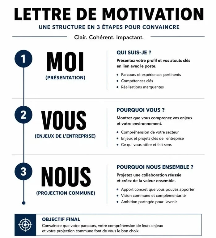 Infographie illustrant la structure d'une lettre de motivation pour changement de poste en trois étapes