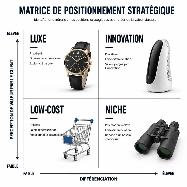 Matrice de positionnement d'une entreprise illustrant les quatre stratégies principales : luxe, low-cost, niche et innovation.