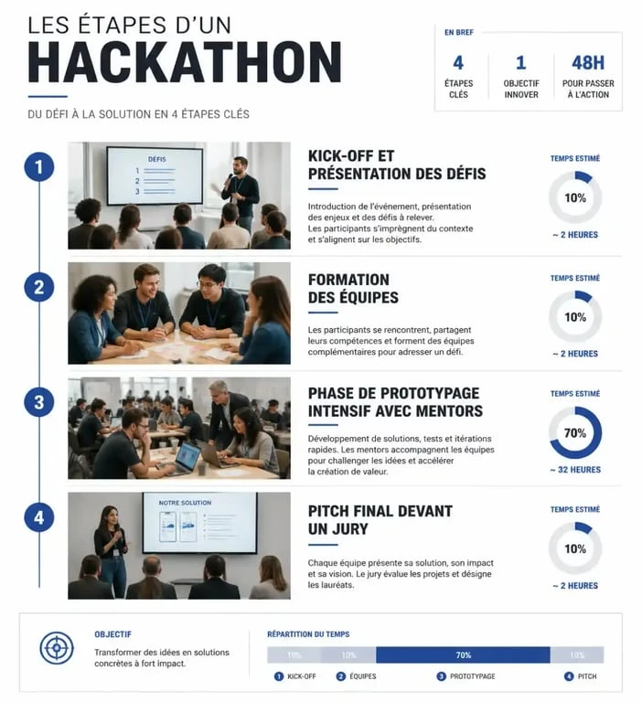 Schéma du déroulement type d'un hackathon : de l'idéation au pitch final