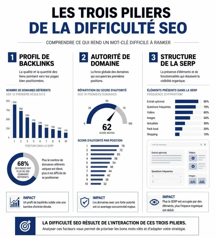 Infographie des facteurs influençant la difficulté SEO d'un mot-clé