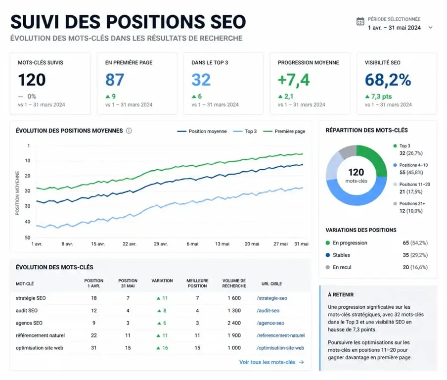 Tableau de bord d'analyse de positionnement SEO montrant l'évolution des mots-clés