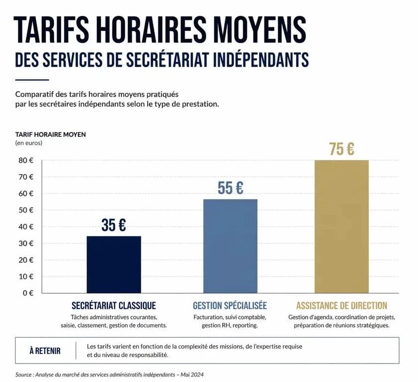 Tableau comparatif des tarifs horaires moyens d'une secrétaire freelance selon le type de mission