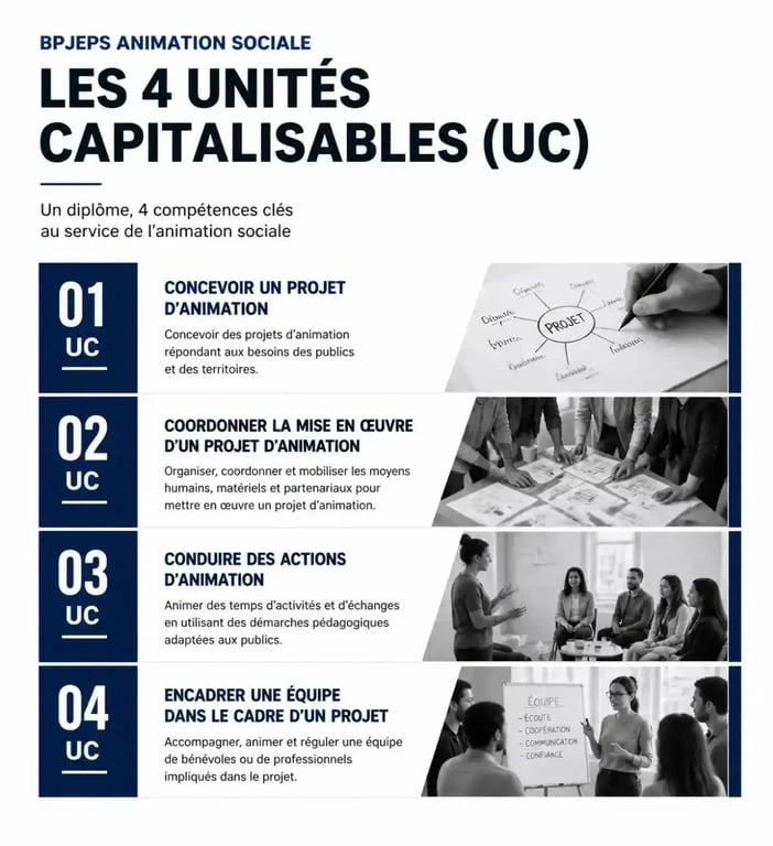 Schéma des 4 unités capitalisables du diplôme BPJEPS Animation Sociale