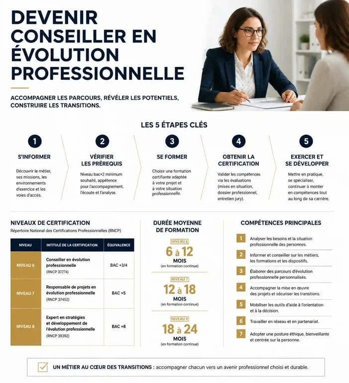 Infographie sur le parcours de formation pour devenir conseiller en évolution professionnelle
