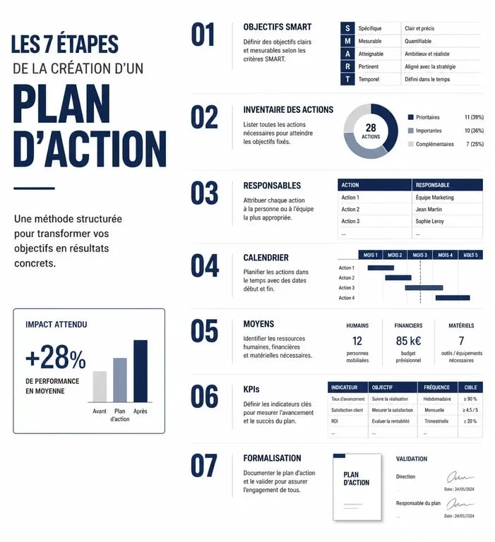 Infographie des 7 étapes pour créer un exemple de plan d'action efficace en entreprise