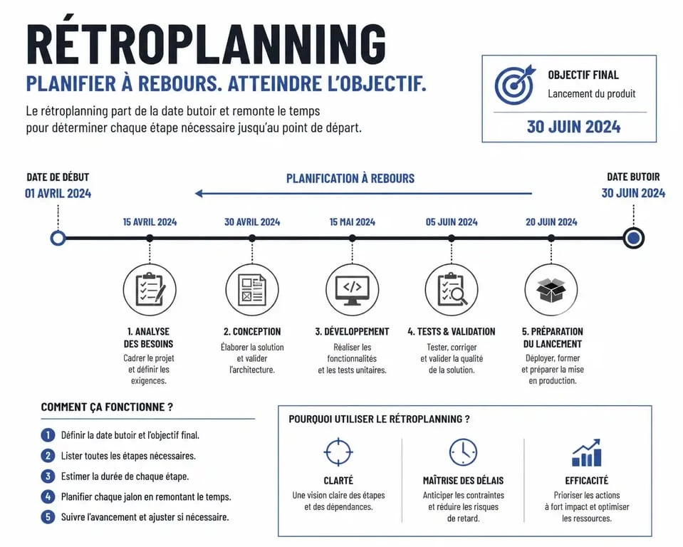 Infographie illustrant le processus de rétroplanning avec un logiciel de gestion de projet