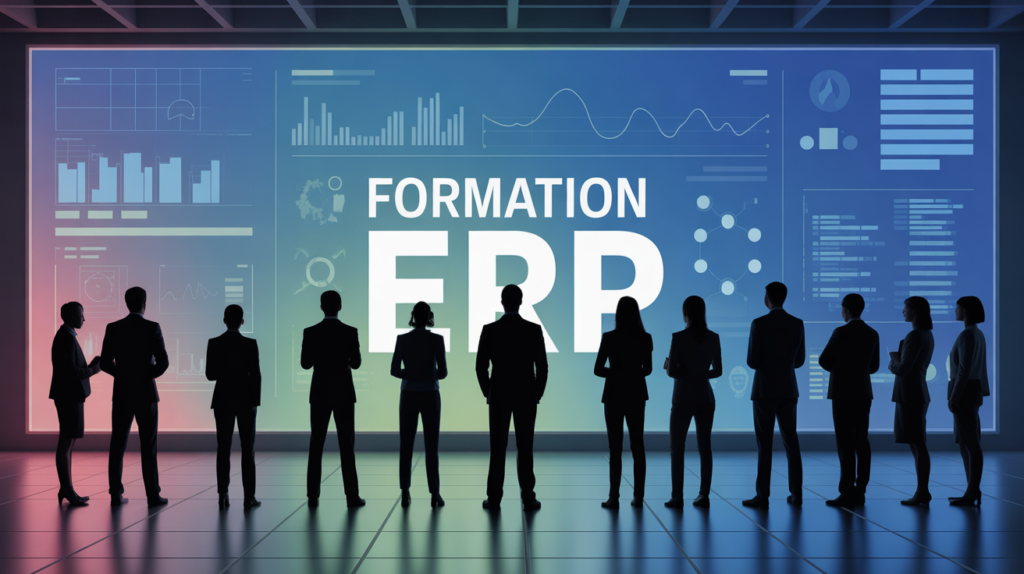 erp formation silhouettes devant ecran systeme informatique