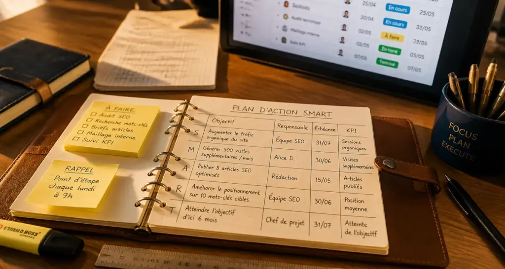 Exemple de plan d action SMART : objectif, responsable, échéance, KPI sur un bureau