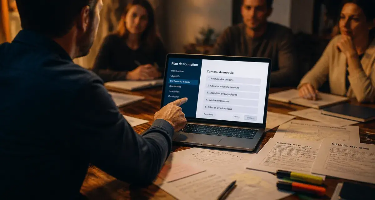 Formateur informatique pointant un plan de formation sur ordinateur