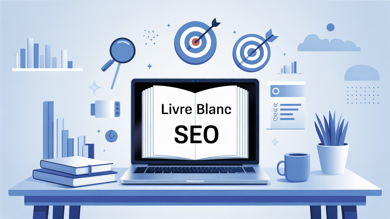 illustration livre blanc seo fond bleu digital