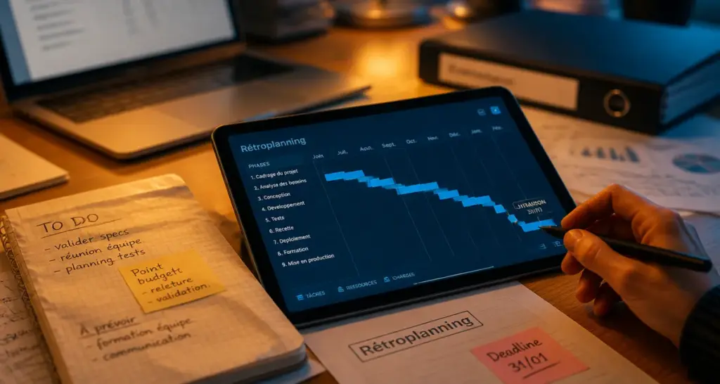 Logiciel retroplanning : plan avec Gantt et jalon final sur bureau