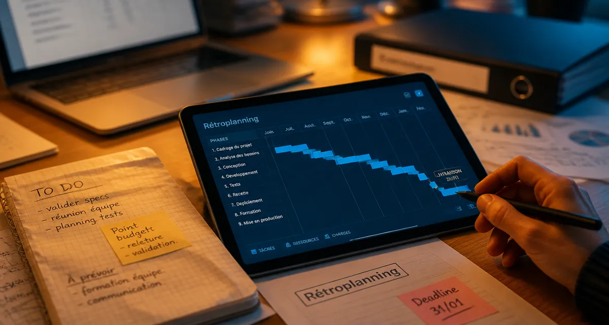 Logiciel retroplanning : plan avec Gantt et jalon final sur bureau