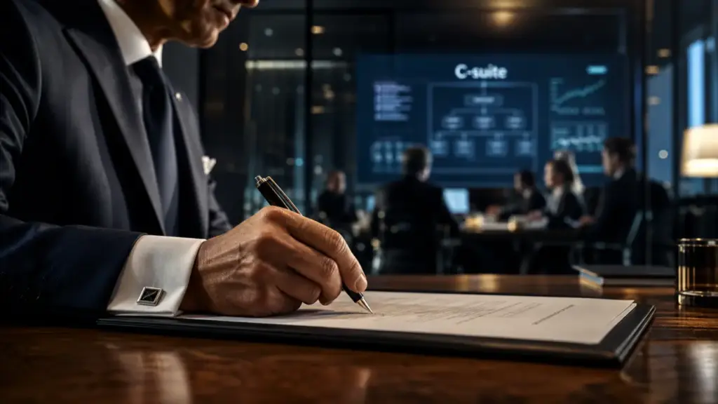 Chief executive officer signe un contrat, vue bureau et salle de réunion