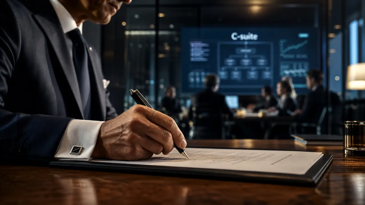 Chief executive officer signe un contrat, vue bureau et salle de réunion