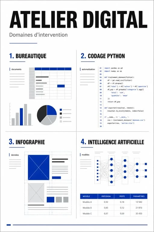 Infographie des domaines d'intervention d'un atelier digital : formation, codage et IA