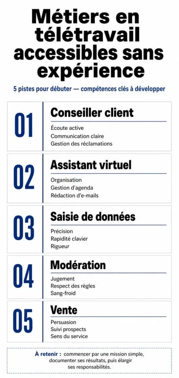 Infographie des métiers en télétravail sans expérience accessibles pour débuter