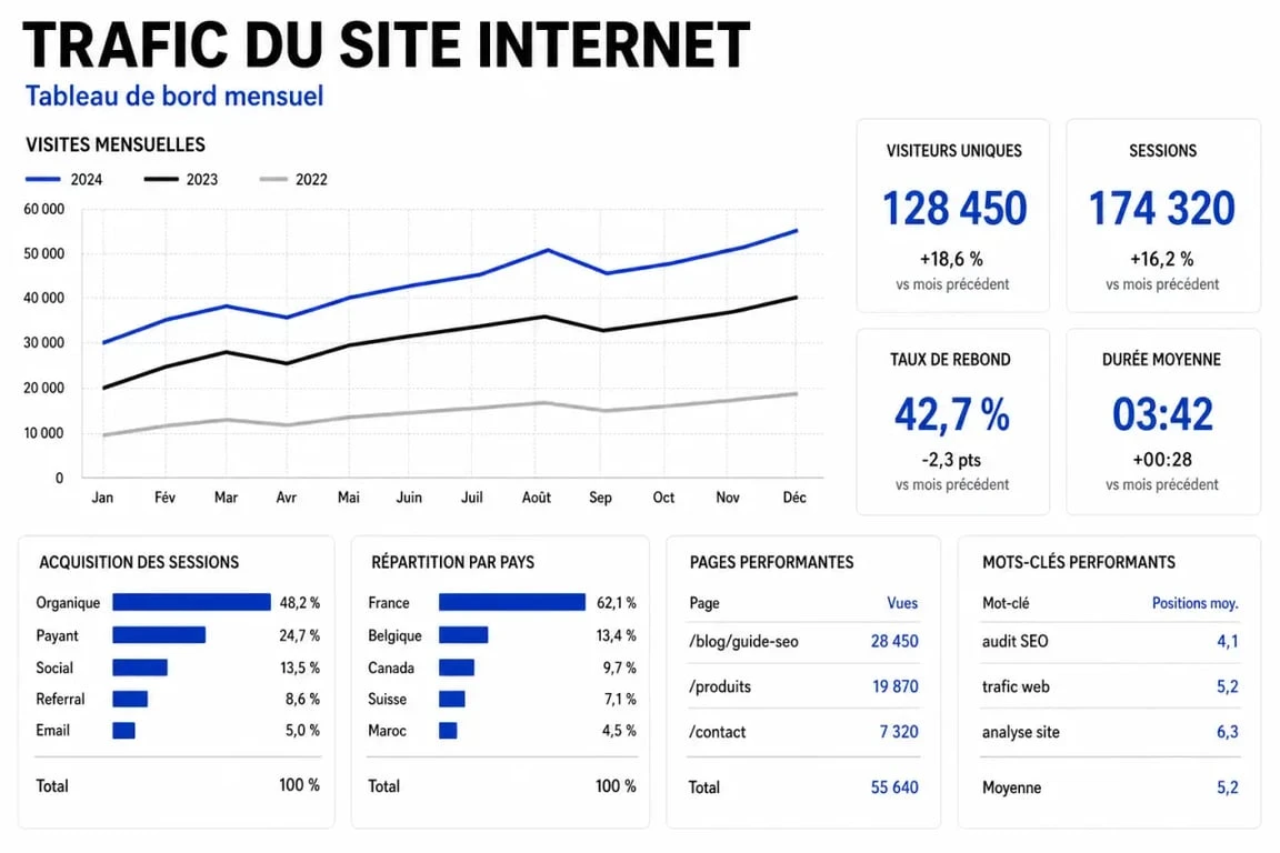 Trafic sur site internet : illustration analytique des visites, sources de trafic et pages performantes